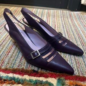 Fluevog VINTAGE EXCELLENT purple pointy slingback heel w/ cutouts & buckle - 9.5